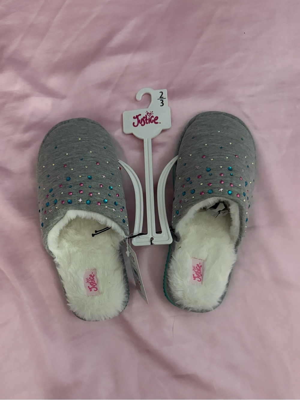 Justice Gray Plush Slip-On Slippers with Multicolor Gem Accents